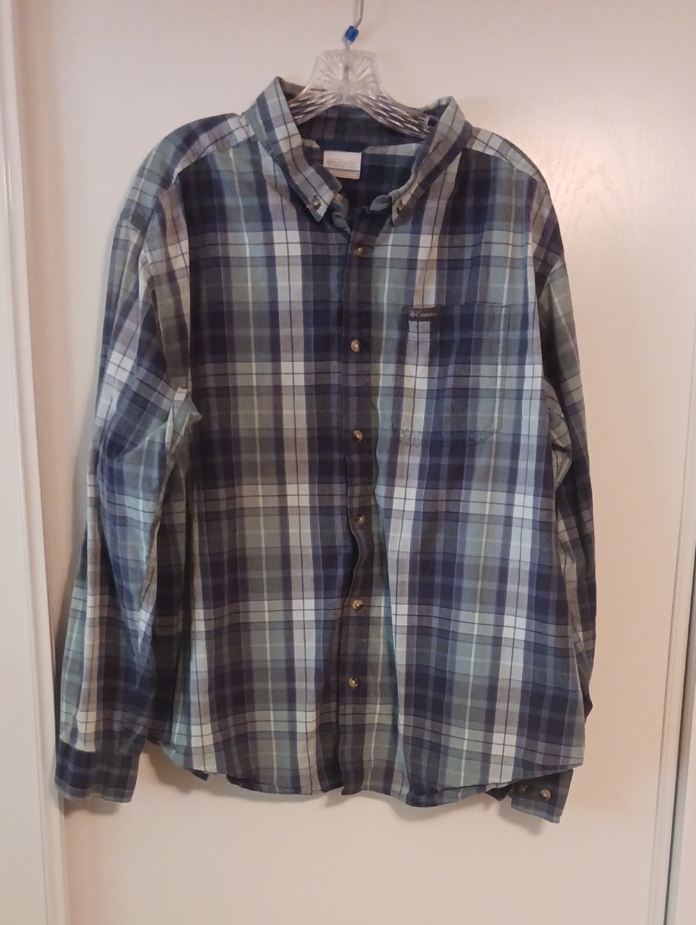 Columbia Men's Navy and Green Plaid Button-Down Shirt